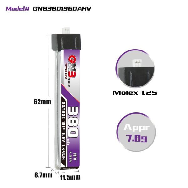 GNB Battery 3.8V 60C 380mAh 1S JST 1.25mm - Image 2