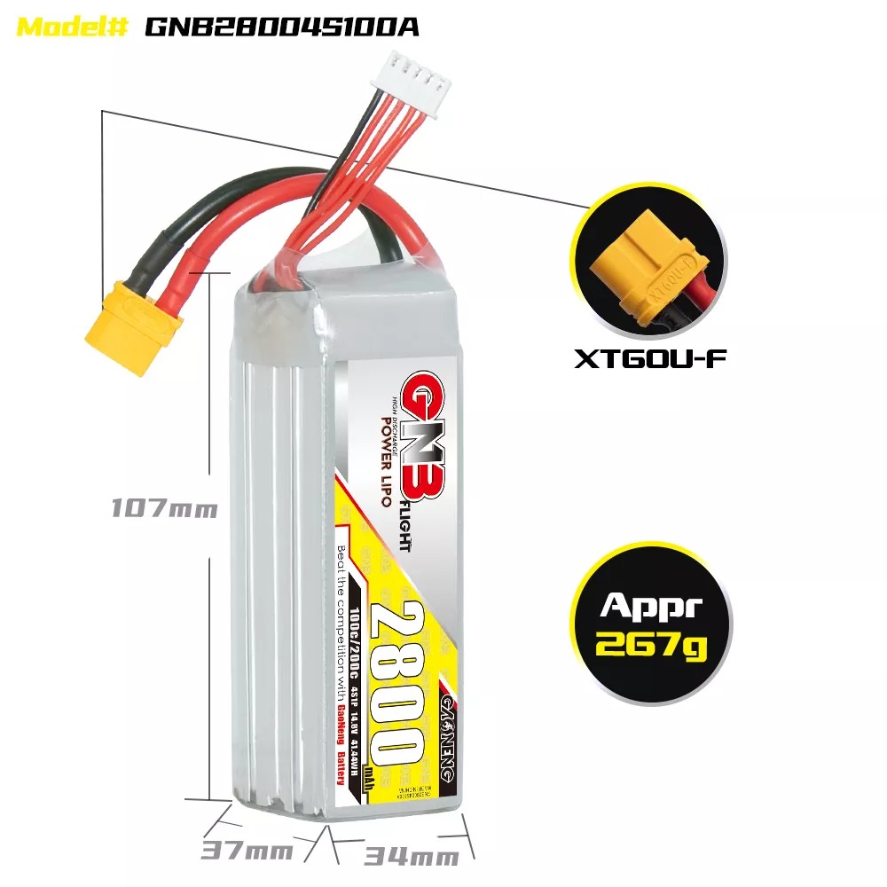 GNB 4s 2800mAh Lipo 100C dimensions and weight battery
