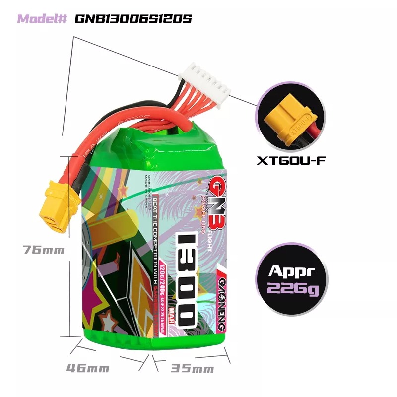 GNB Lipo 120C 1300mah 6S weight and dimensions