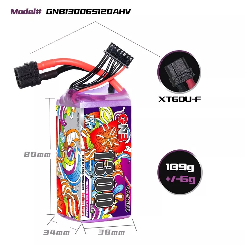 Weight and Dimensions of GNB LiHV 1300mah 6S