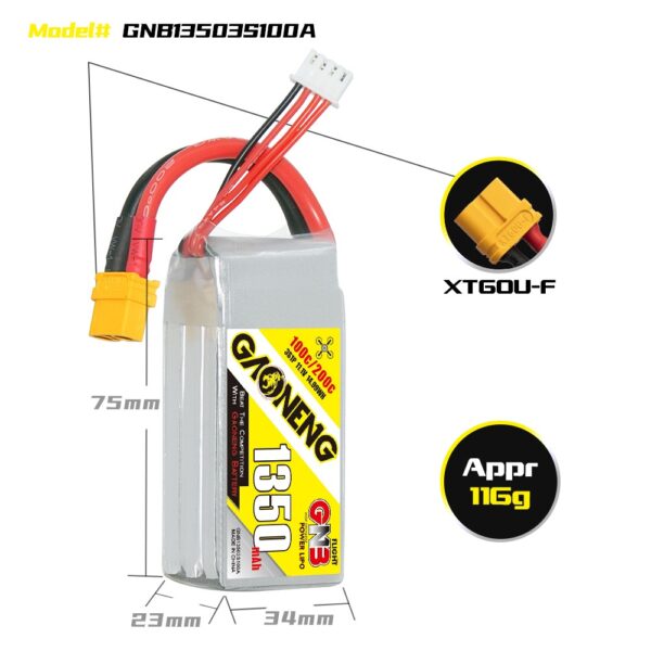 Product image for GNB Battery 11.1V 100C 1350mAh 3S with dimensions