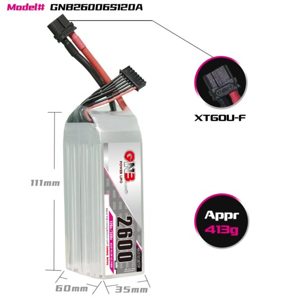 Product image for GNB Battery 22.2V 120C 2600mAh 6S with dimensions