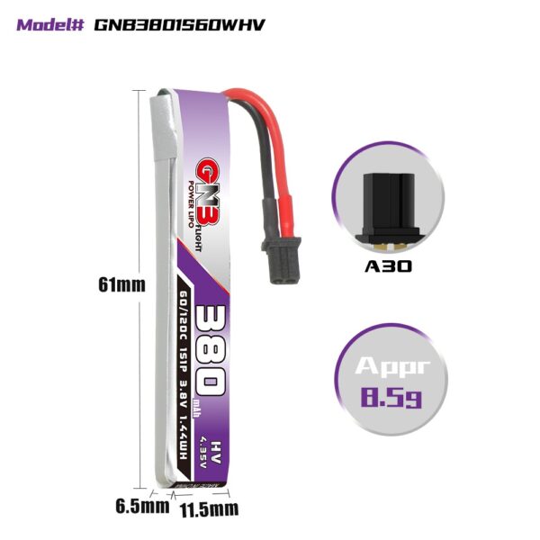 Product image of GNB Battery 3.8V 60C 380mAh 1S HV A30 Cable with dimensions