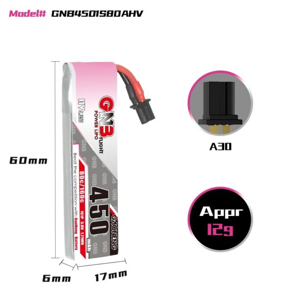 Product image of GNB Battery 3.8V 80C 450mAh 1S HV A30 Cable with dimensions