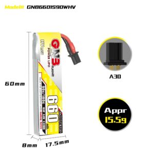 Product image of GNB Battery 3.8V 90C 660mAh 1S HV A30 Cable with dimensions