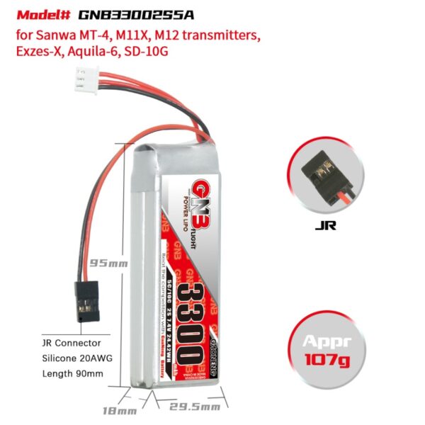 Product image for GNB Battery 7.4V 3300mAh 2S for Airtronics/Sanwa MT-4, M11X, M12 with dimensions