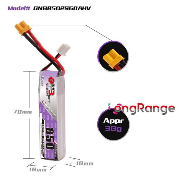 Info image of GNB Battery 7.6V 60C 850mAh 2S HV with dimensions