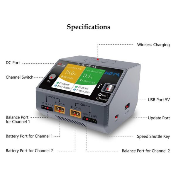 HOTA D6 325W 15A 1-6S Dual Channel DC Smart Charger w/ Wireless Cellphone Charging - Image 3