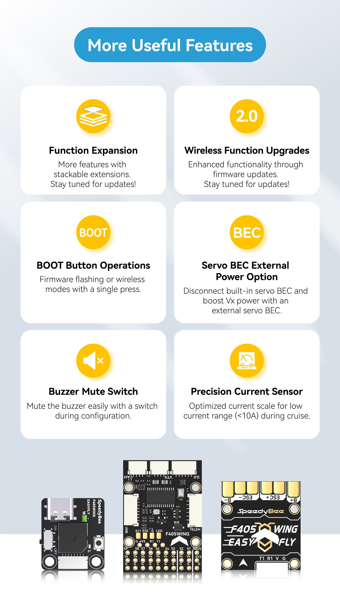 Product image of SpeedyBee-F405-WING-MINI-Fixed-Wing-Flight-Controller - useful features