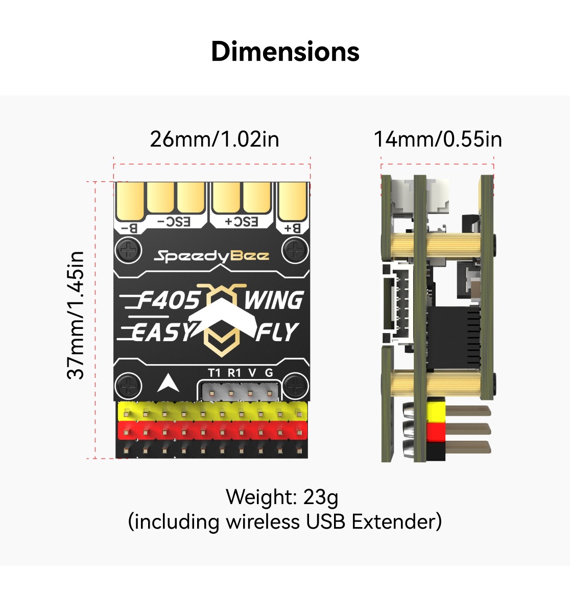 Product image of SpeedyBee-F405-WING-MINI-Fixed-Wing-Flight-Controller - dimensions