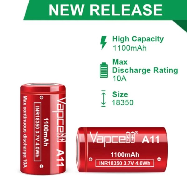 Vapcell A11 1100mAh 10A 18350 Battery - Image 2
